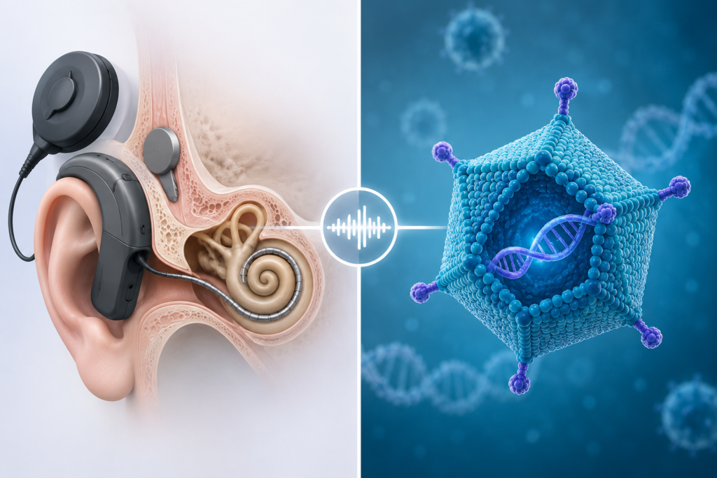 Title graphic for the article depicting a cochlear implant and artistic representation of a gene/DNA