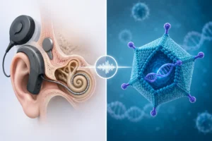 Title graphic for the article depicting a cochlear implant and artistic representation of a gene/DNA