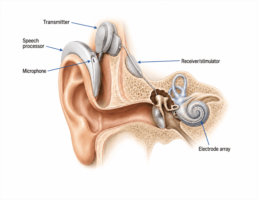 Ear cutaway showing a cochlear implant’s external microphone and speech processor, external transmitter, implanted receiver-stimulator, and electrode array curled inside the cochlea.