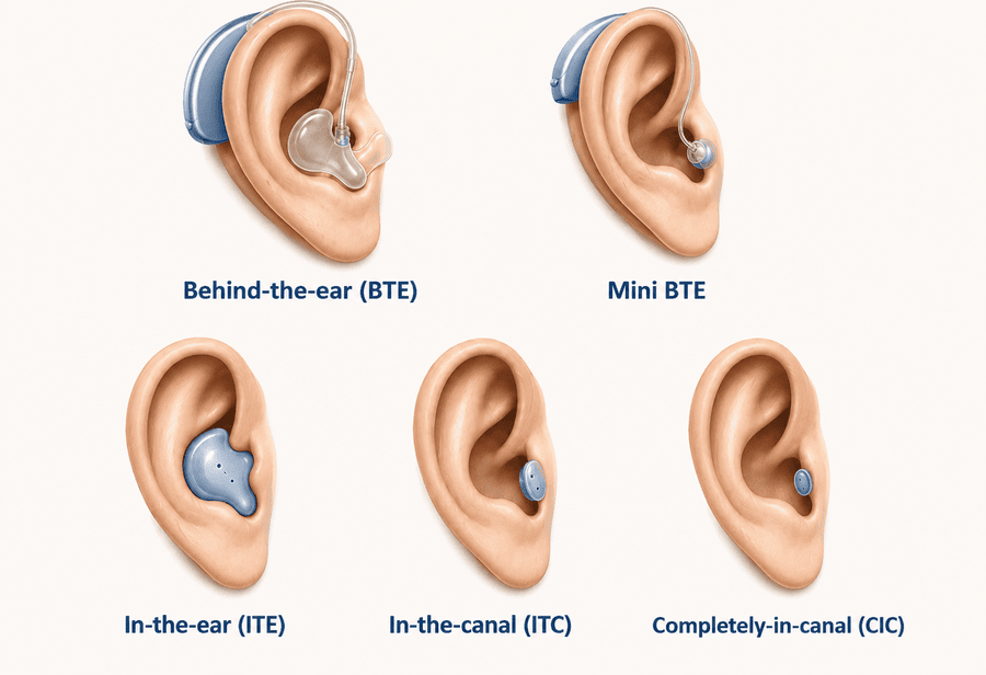 Five labeled hearing-aid styles shown on ears: behind-the-ear, Mini BTE with receiver in the ear canal, in-the-ear, in-the-canal, and completely-in-canal.