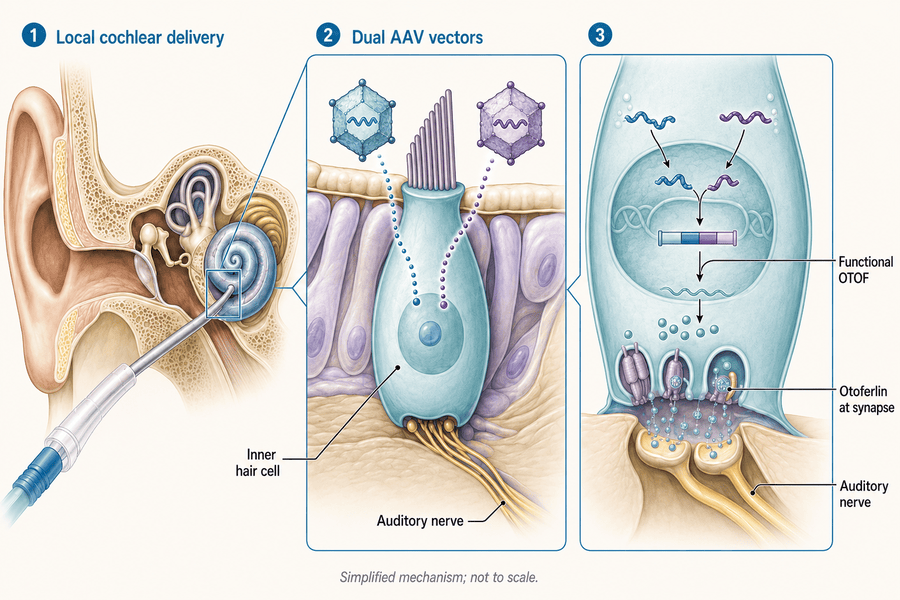 Three-panel medical diagram showing local delivery into the cochlea, two AAV vectors delivering complementary OTOF cargo to an inner hair cell, and restored otoferlin production at the synapse beside the auditory nerve.