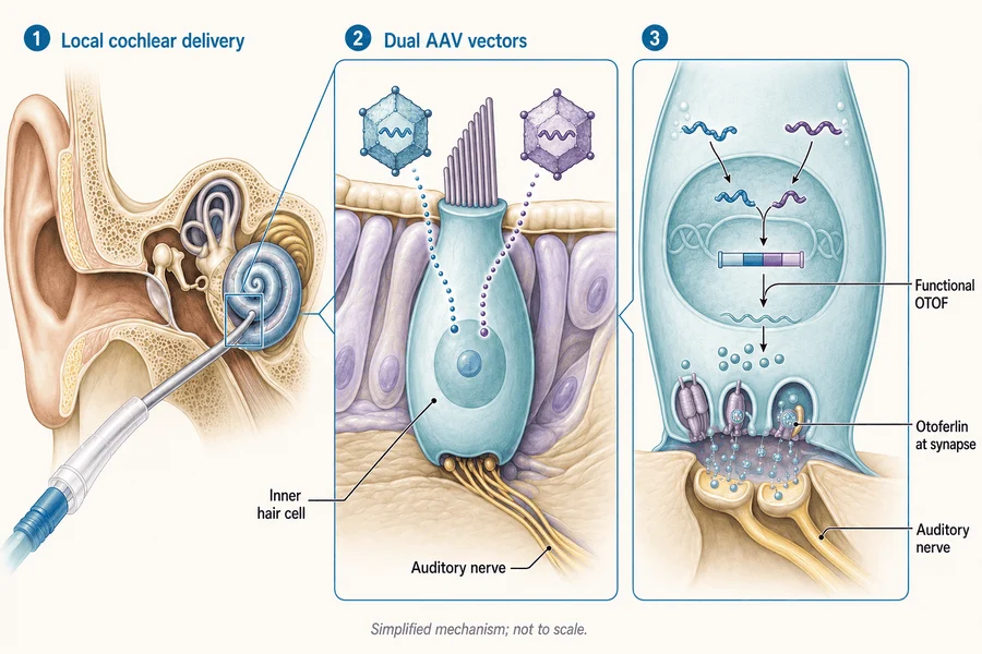 Three-panel medical diagram showing local delivery into the cochlea and vectors carrying genetic material to inner-ear cells